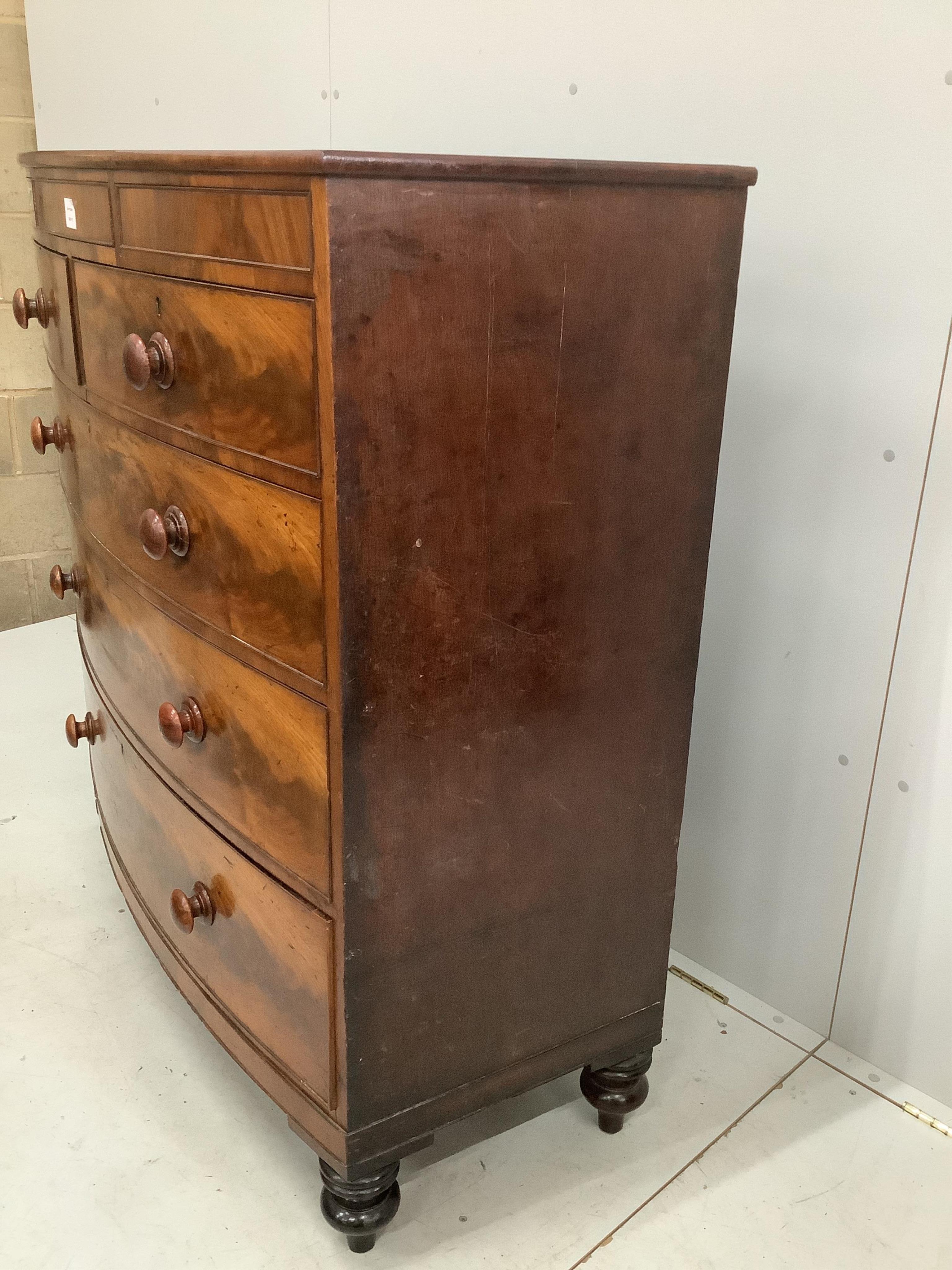 An early Victorian mahogany bowfront chest, width 117cm, depth 54cm, height 123cm. Condition - fair